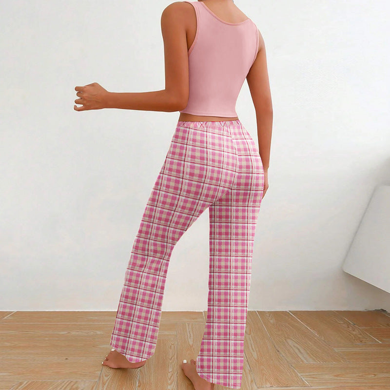 Plaid Trousers & Tee Pajama Set