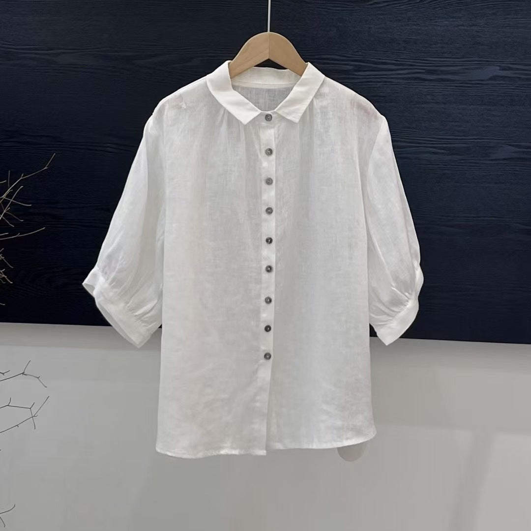 Versatile Breathable Solid Color Linen Women's Shirt