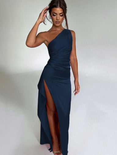 Sexy One-shoulder Backless Slit Satin Dress
