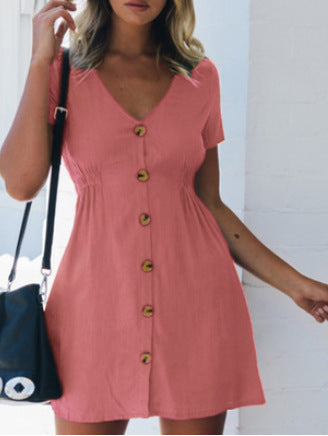 V-neck Slim Single Row Button Dress