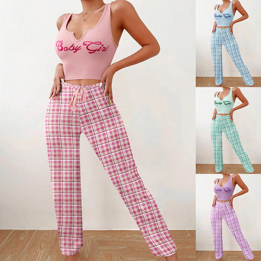 Plaid Trousers & Tee Pajama Set