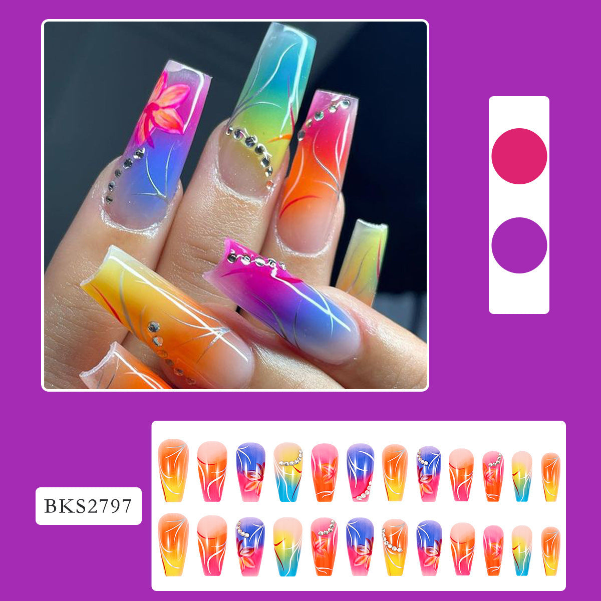Color Gradient Flower Rhinestone Nails