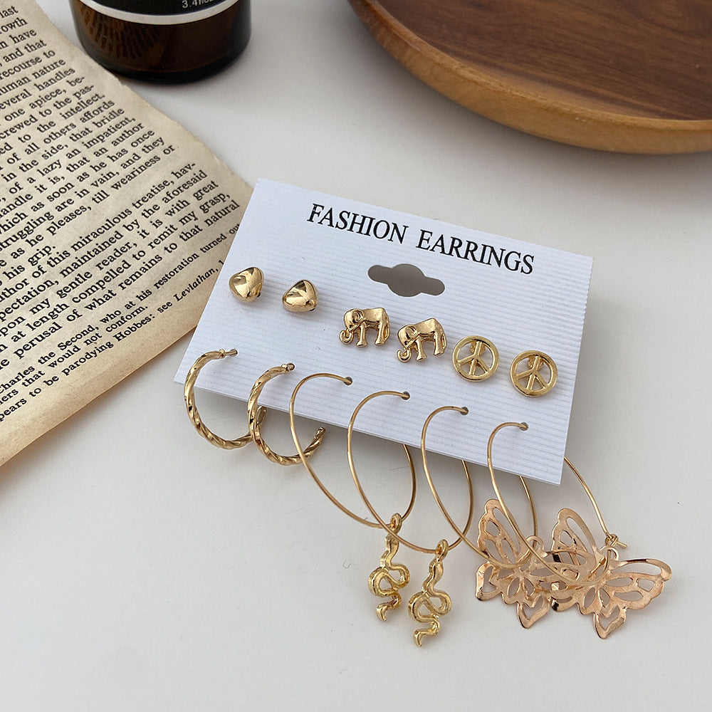 9-Pair Earring Set – Butterfly, Hollow Heart & Love Designs