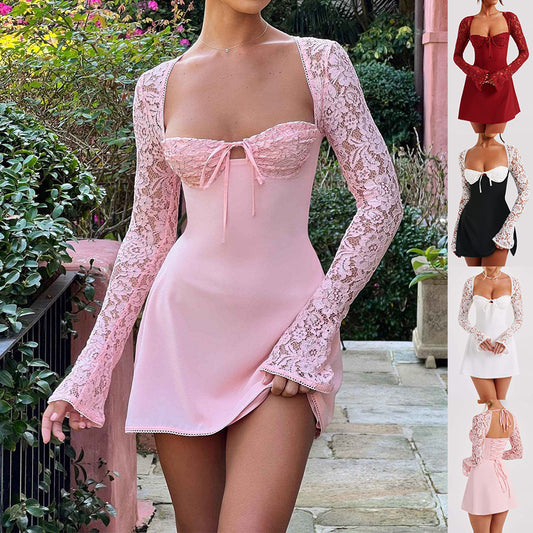 Long Sleeve Backless Lace Up Corset Dress