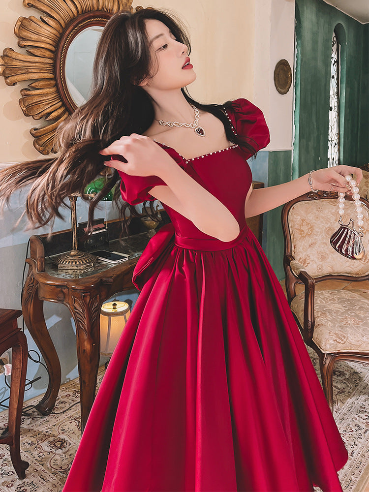 Wine Red Satin French Dress