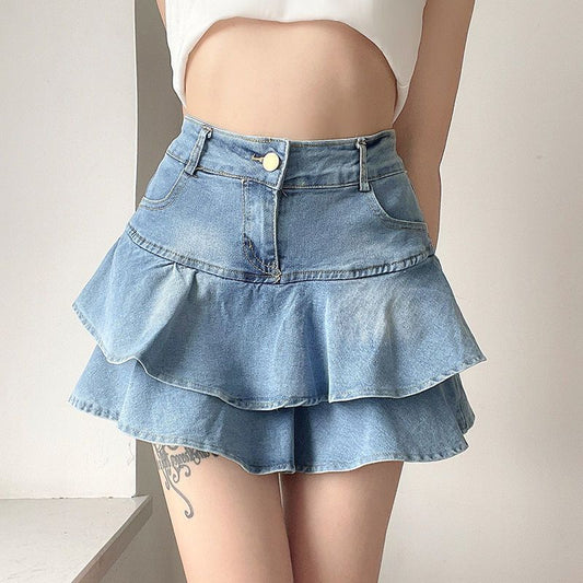 Ruffled Double-Layer Denim Skirt