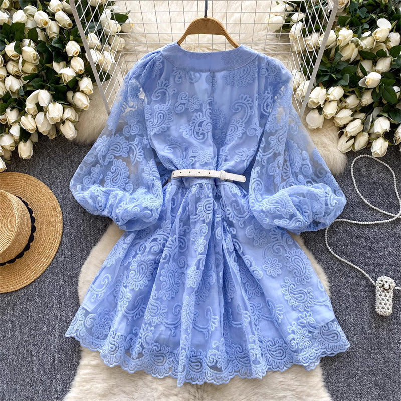 Machine Embroidery Waist Slimming Single-breasted Word Elegant Dress