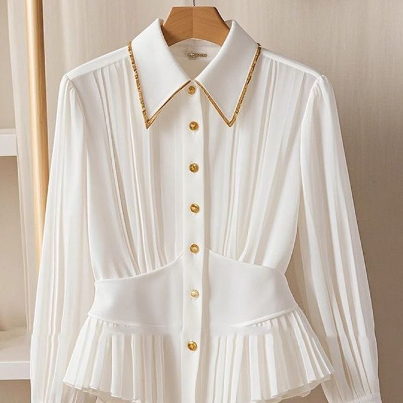 White Luxury Pleated Collar Shirt