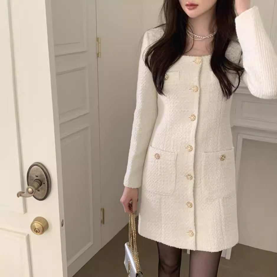Square Collar Chic Short Tweed Dress