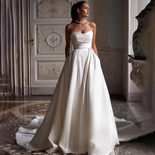 White Satin Tube Top Wedding Dress