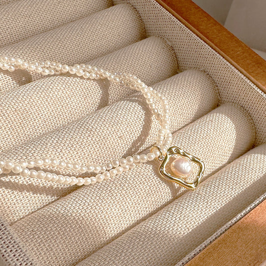Double Layer Rice Bead Clavicle Necklace – Elegant Minimalist Style