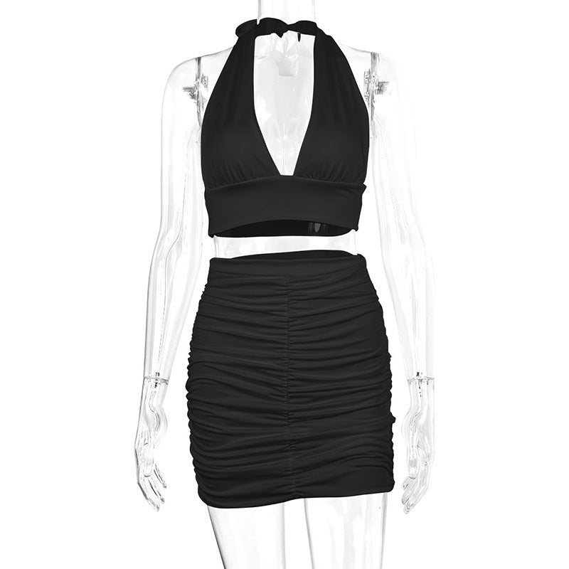Halter Top Pleated Hip-covering Skirt Suit