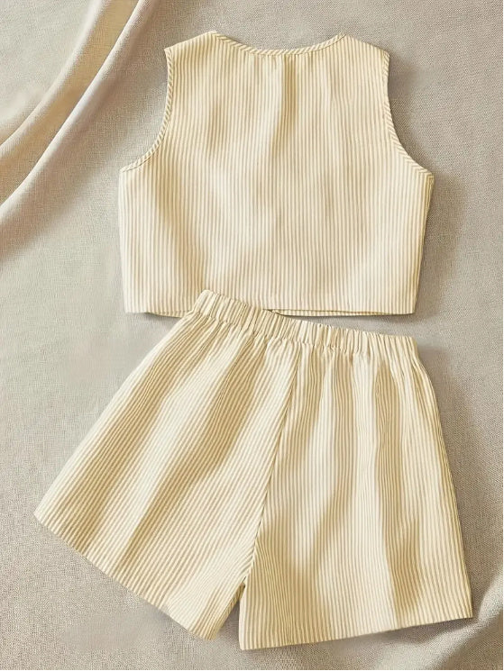 Striped Knit Tank Top And High-Waist Loose Shorts Set