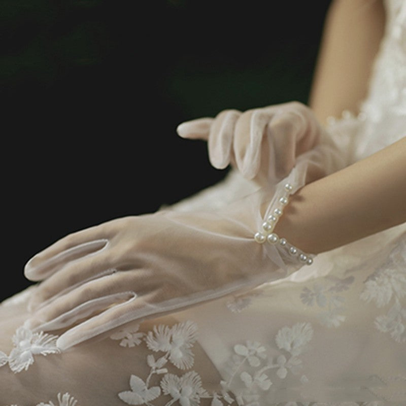 Pearl Lace Bow Wedding Gloves