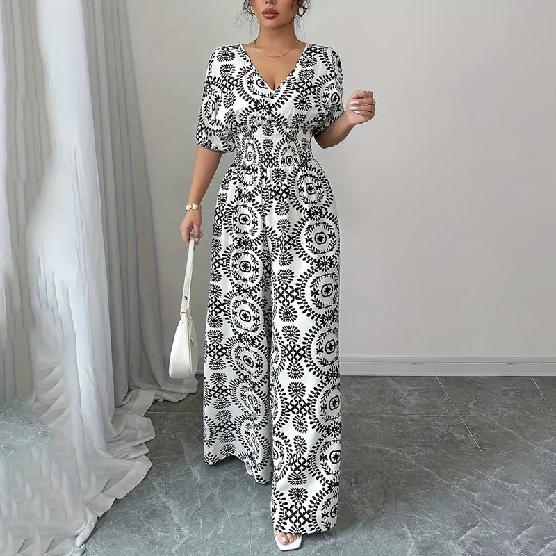 Short Sleeve V Neck Smocked Wide Leg Jumpsuit