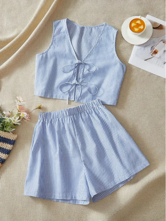 Striped Knit Tank Top And High-Waist Loose Shorts Set