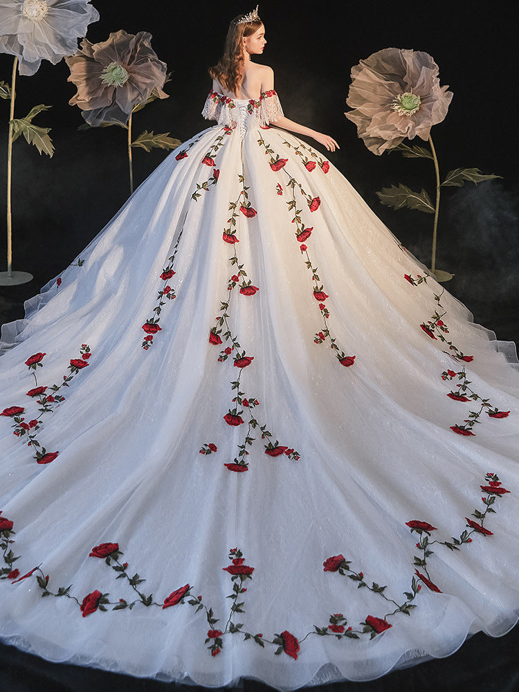 Mori Style Red Flowers Gown Wedding Dress