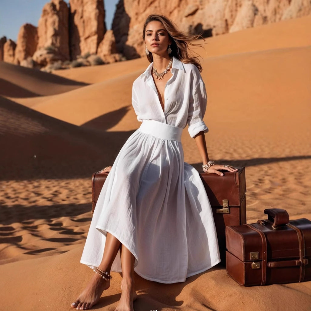 V-neck Snatched Waist Long Dress