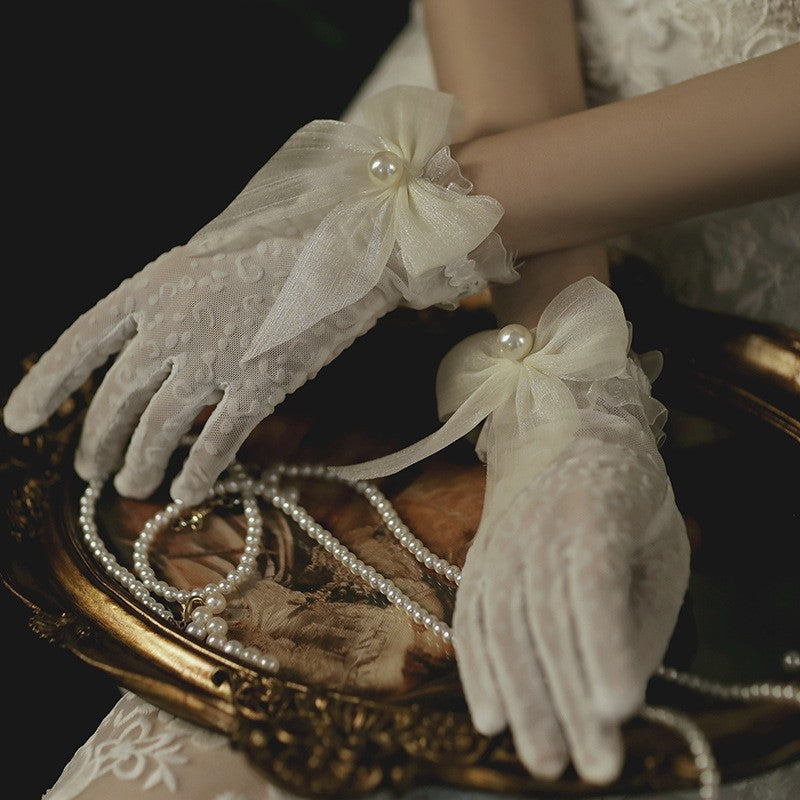 Pearl Lace Bow Wedding Gloves