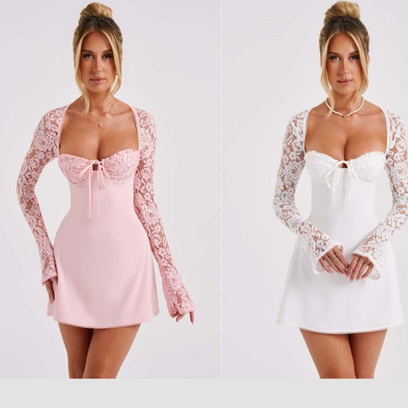 Long Sleeve Backless Lace Up Corset Dress