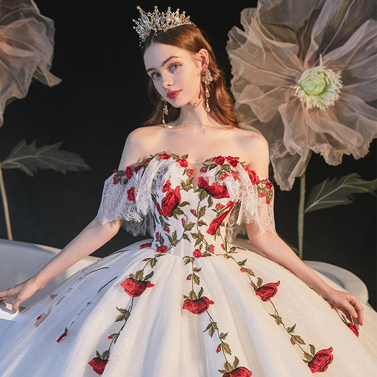 Mori Style Red Flowers Gown Wedding Dress