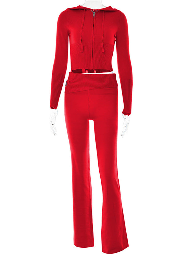 Hoodie Style Long Sleeve Sweater & High Waist Long Pants Set