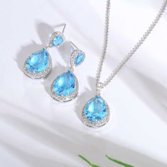 Bright Big Zircon Water Drops Necklace Eardrops Jewelry- Simple & Graceful