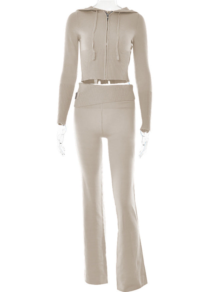 Hoodie Style Long Sleeve Sweater & High Waist Long Pants Set