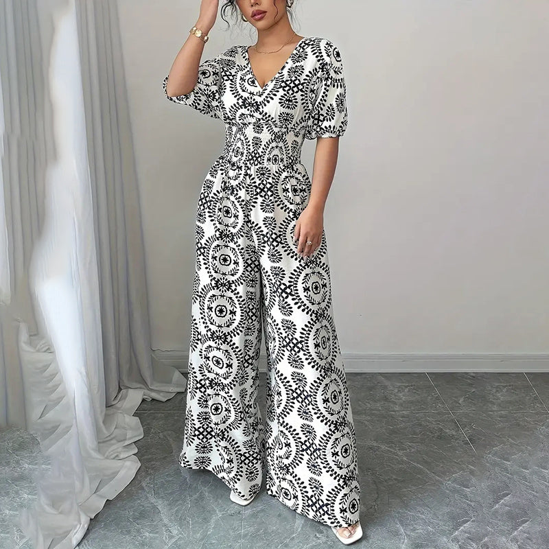 Short Sleeve V Neck Smocked Wide Leg Jumpsuit