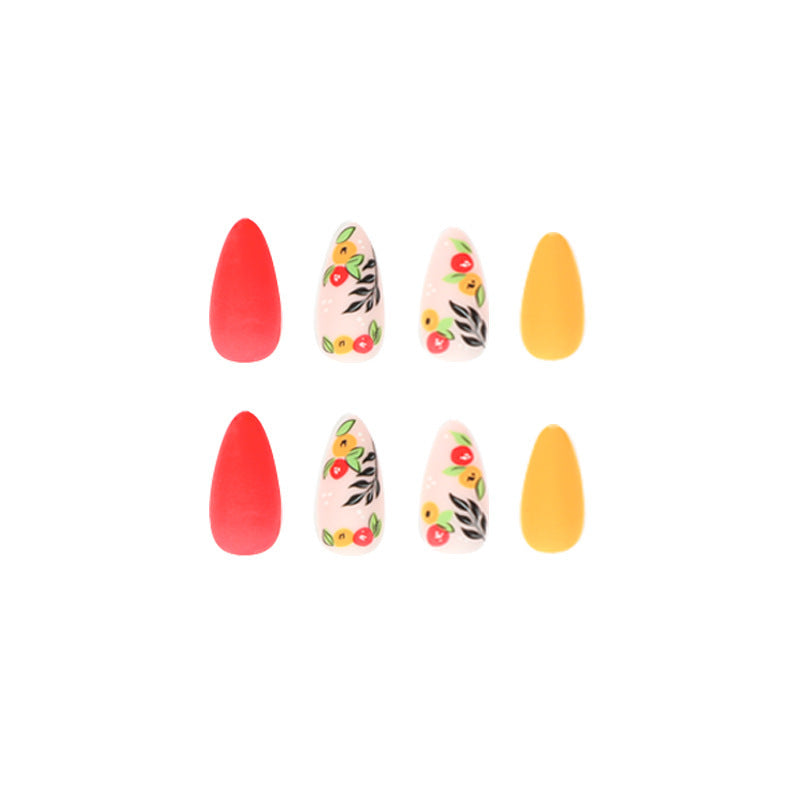 Matte Red Yellow Small Flower Nails