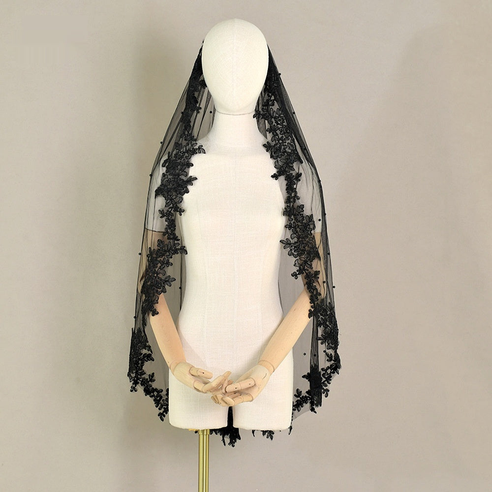 Black Lace Pearl Bridal Veil