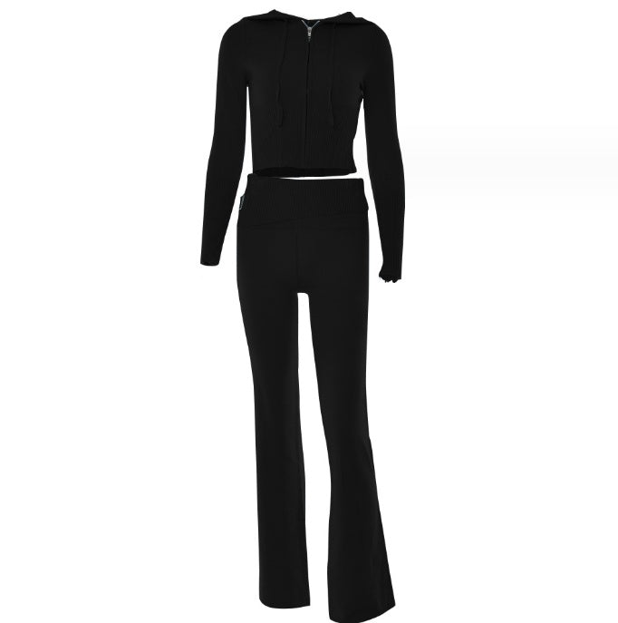 Hoodie Style Long Sleeve Sweater & High Waist Long Pants Set