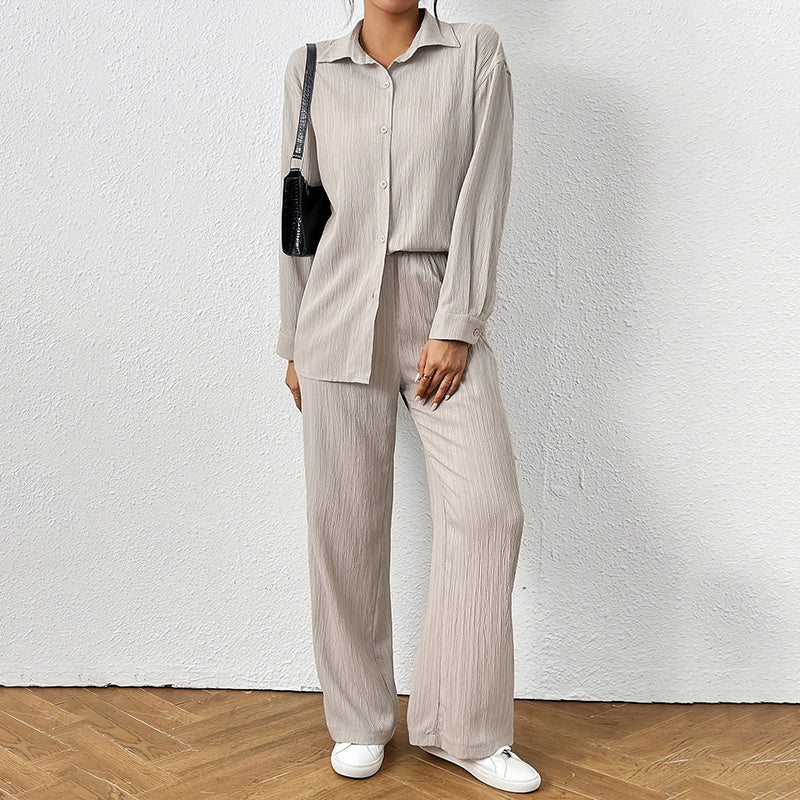 2 Piece Casual Long Sleeve Shirt And Wide Leg Pant Sets