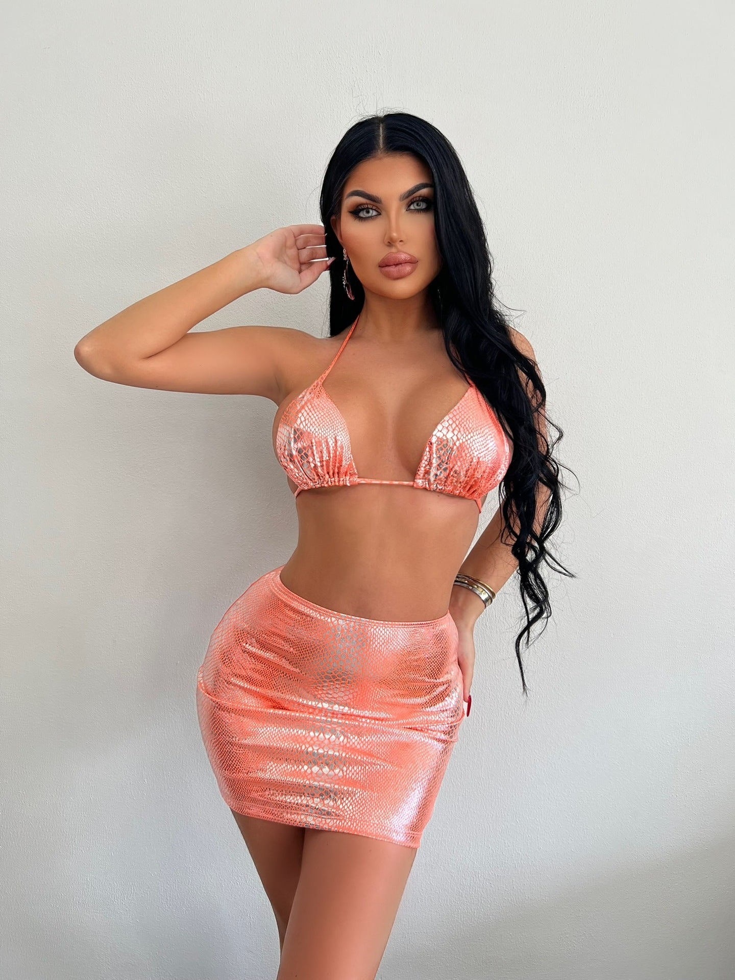 3 Piece Halter Snake Pattern Swimsuit