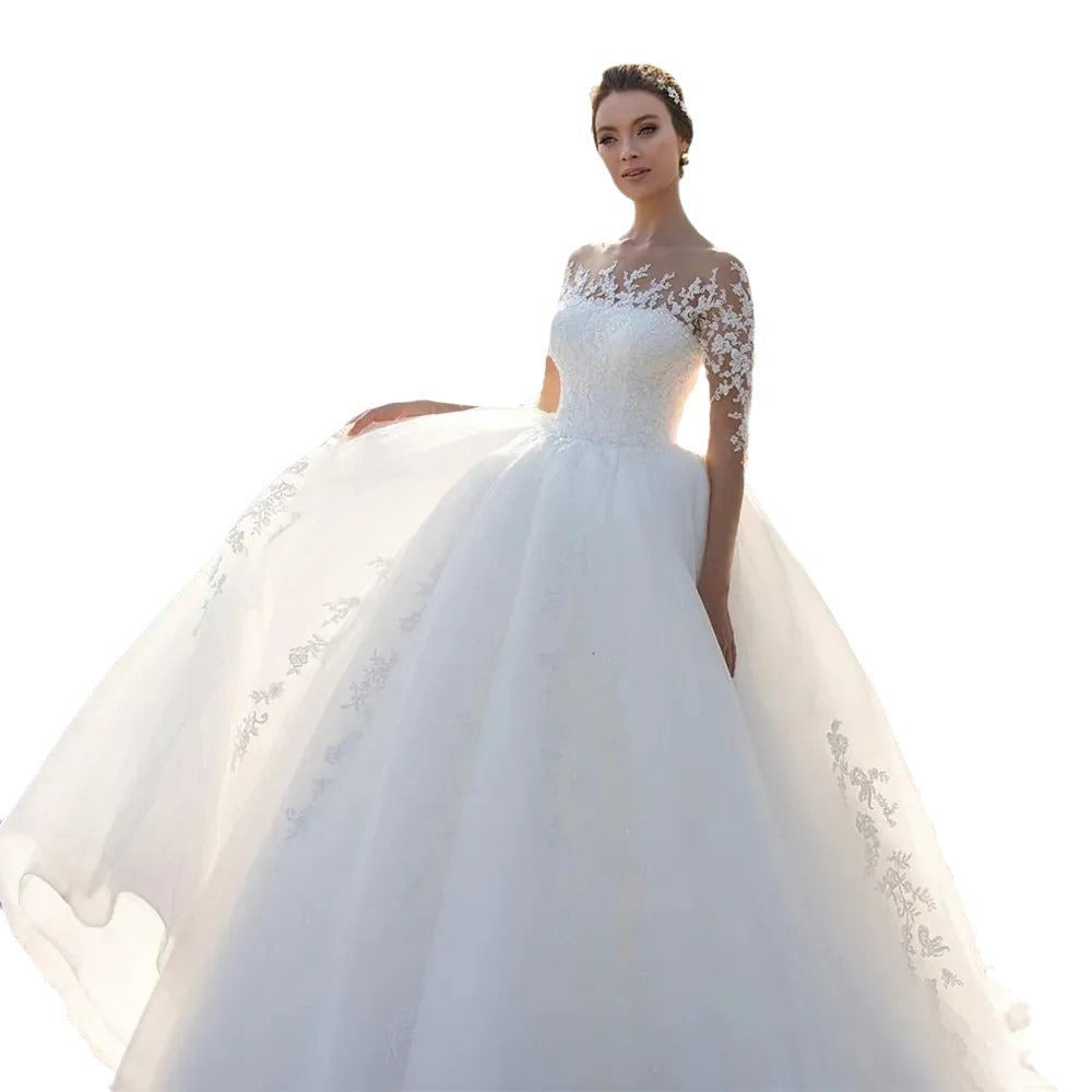 Mesh Long Sleeve Embroidered Wedding Dress