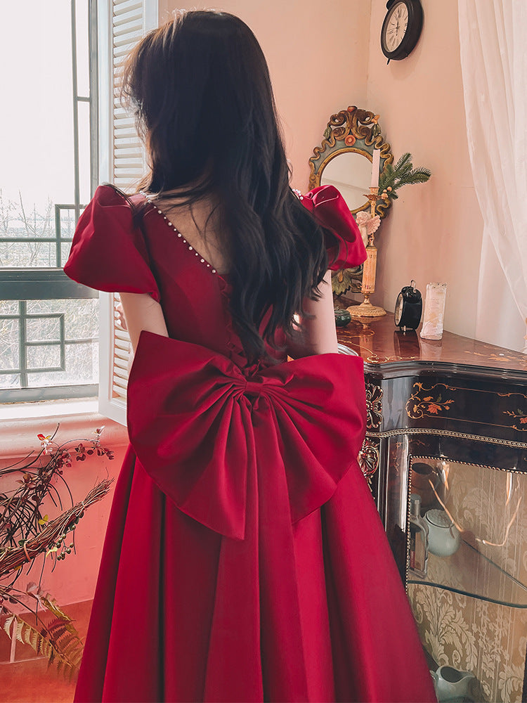 Wine Red Satin French Dress