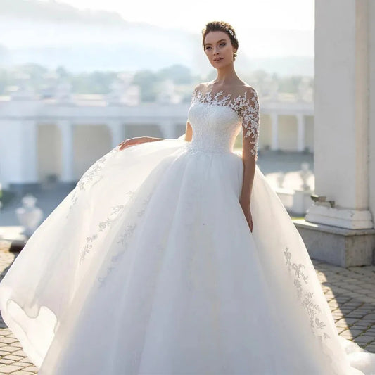 Mesh Long Sleeve Embroidered Wedding Dress