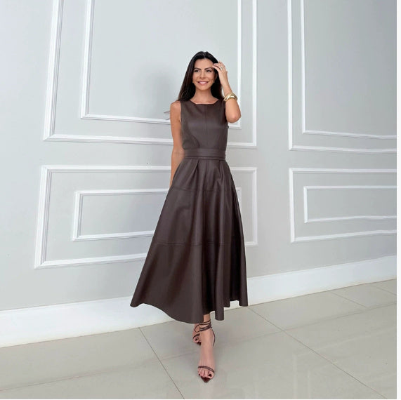 Sleeveless Loose Leather Zipper Dress