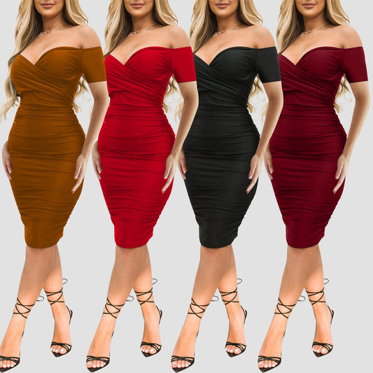 Sultry Nights Off-Shoulder Ruched Bodycon Midi Dress