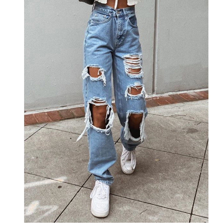 Retro High Waist Ripped Wide-Leg Jeans