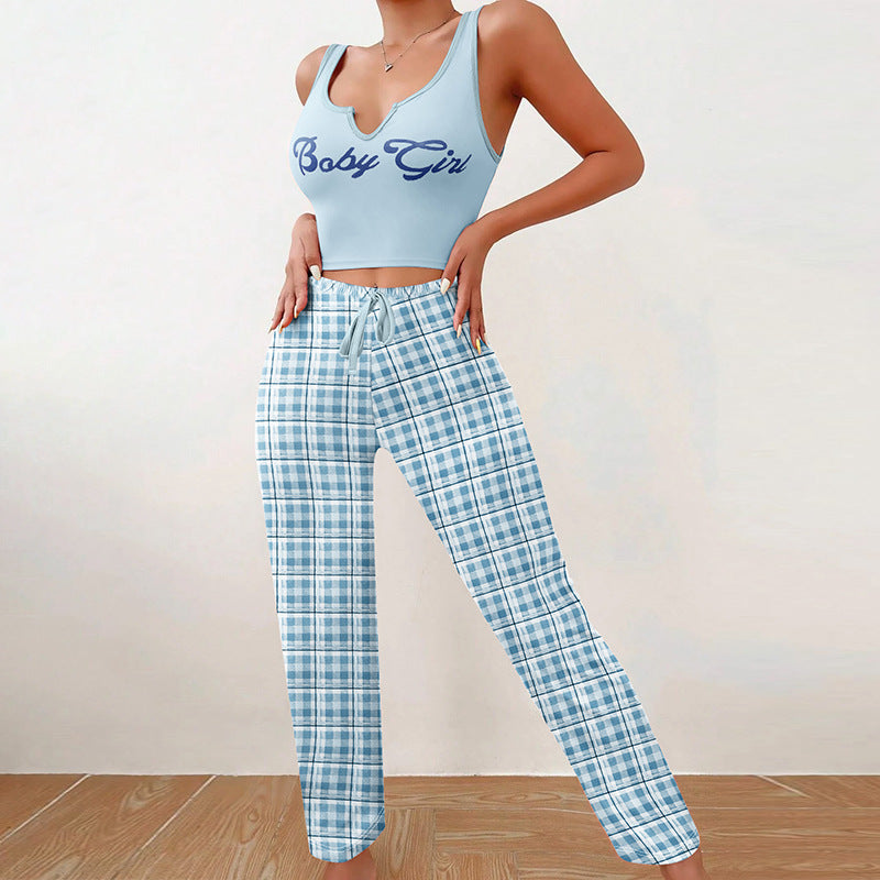 Plaid Trousers & Tee Pajama Set