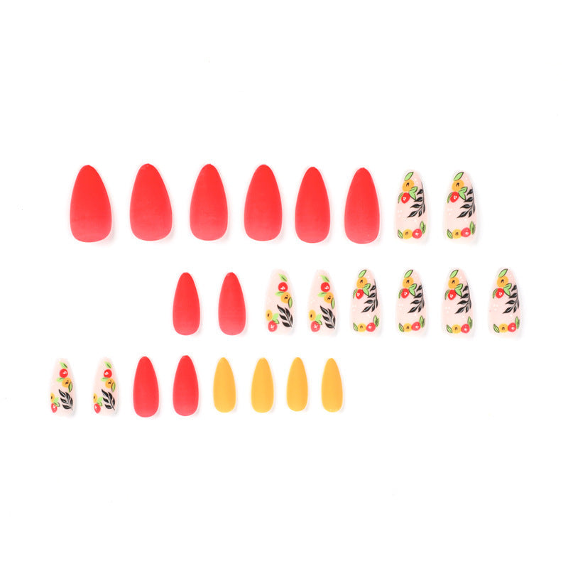 Matte Red Yellow Small Flower Nails