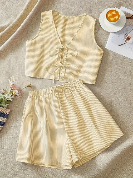 Striped Knit Tank Top And High-Waist Loose Shorts Set
