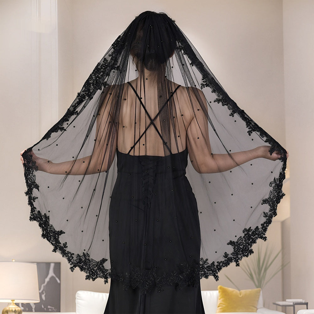 Black Lace Pearl Bridal Veil