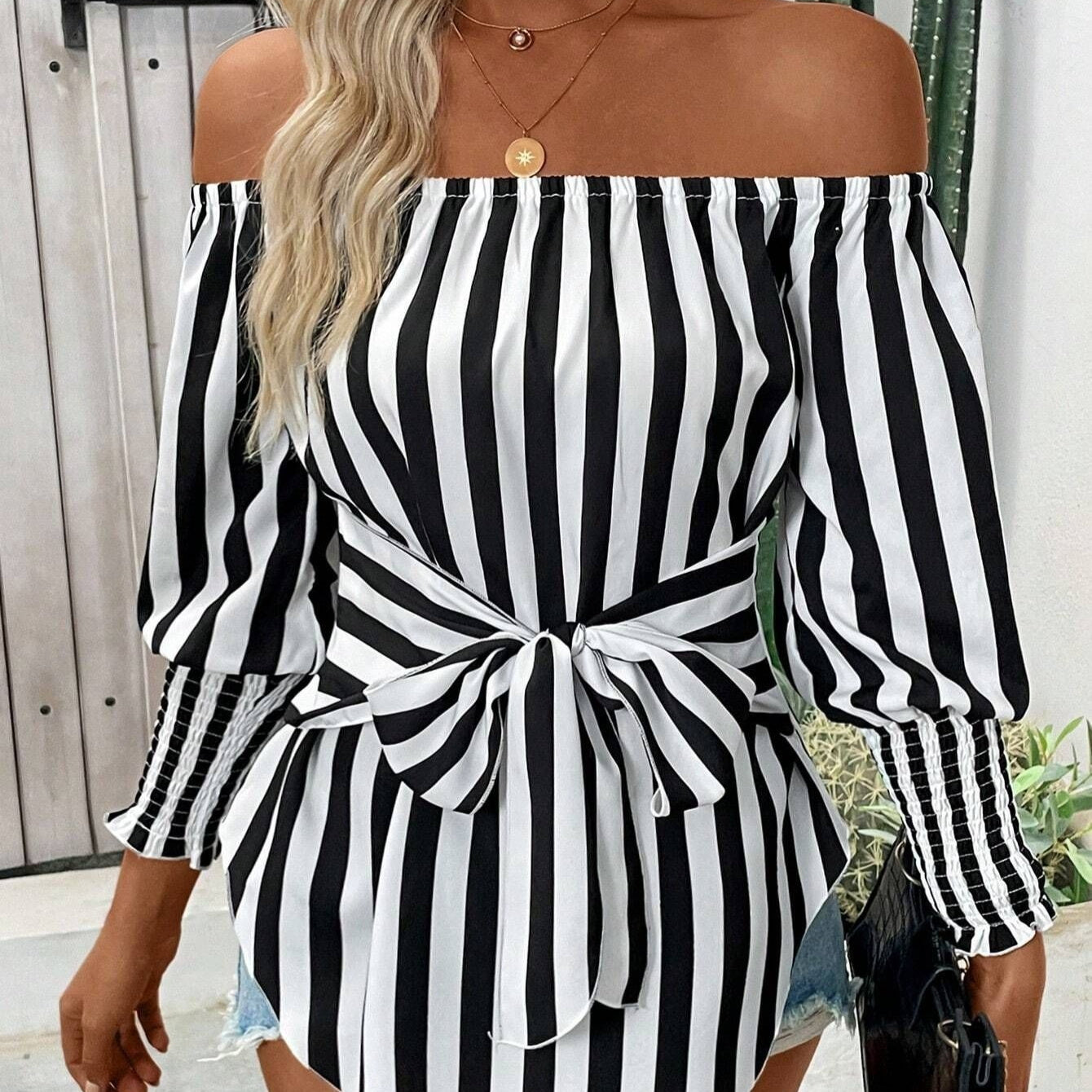 Bare Shoulder Lantern Sleeve Shirt