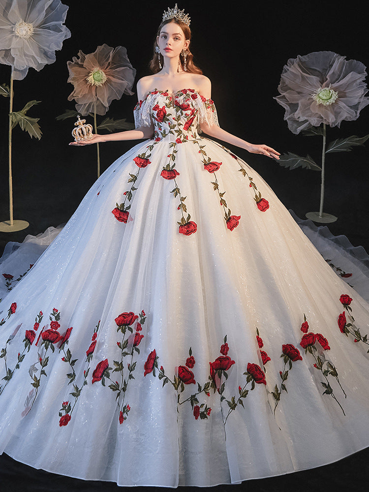 Mori Style Red Flowers Gown Wedding Dress