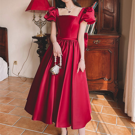 Wine Red Satin French Dress