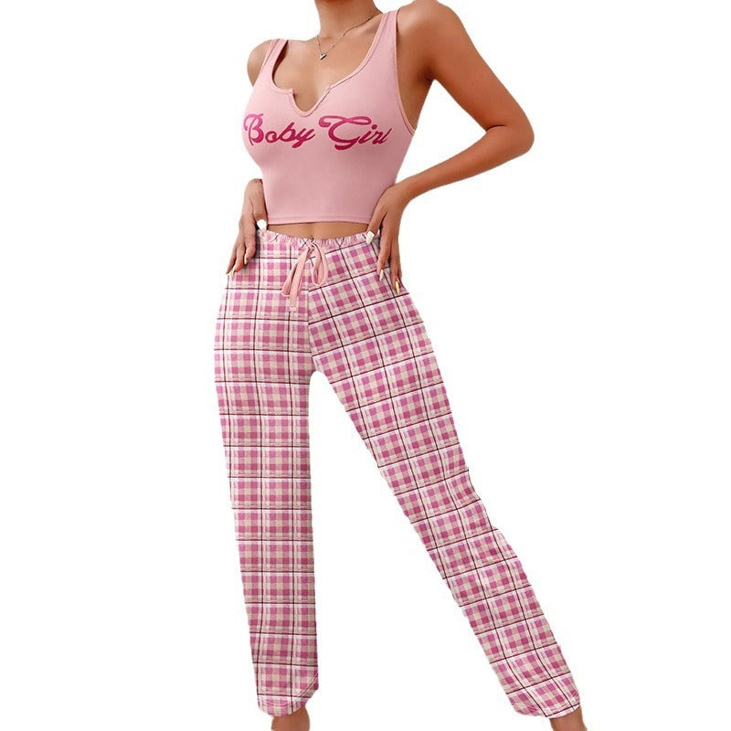 Plaid Trousers & Tee Pajama Set