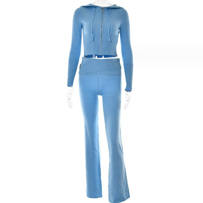 Hoodie Style Long Sleeve Sweater & High Waist Long Pants Set