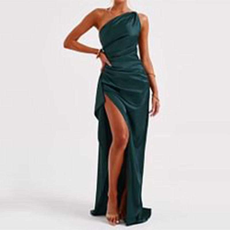 Sexy One-shoulder Backless Slit Satin Dress